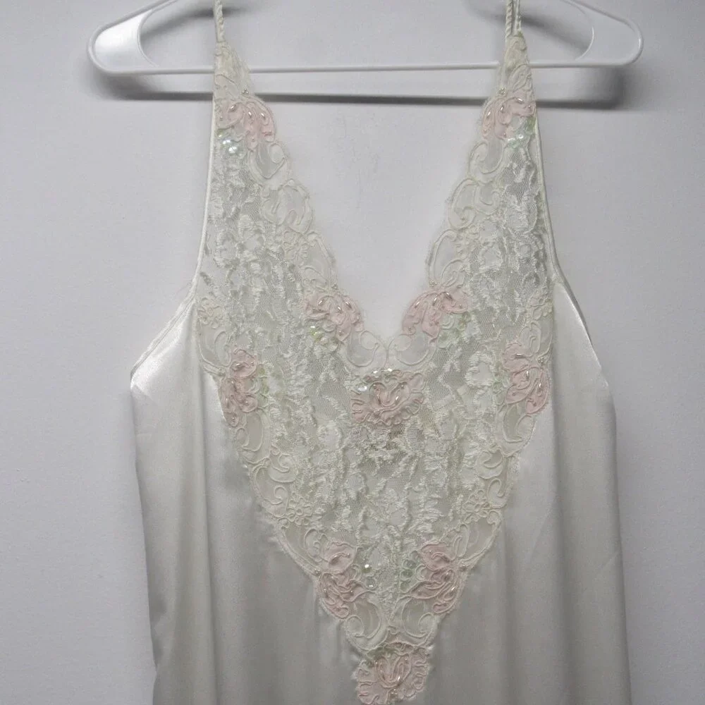 Vtg 80s 90s Victoria's Secret Gold Label Mermaid Hem Beaded Maxi Slip Dress sz M - Picture 2 of 4